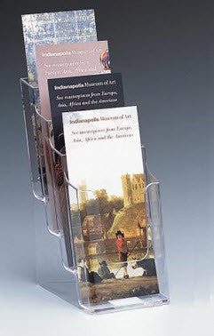Freestanding / wall mounted brochure holder Clear Acrylic 4 Tier for DLE leaflets Trifold A4 , sheet or booklets display size 100mm w x 210mm h Dimensions W x H x D(mm) 123 x 254 x 203
