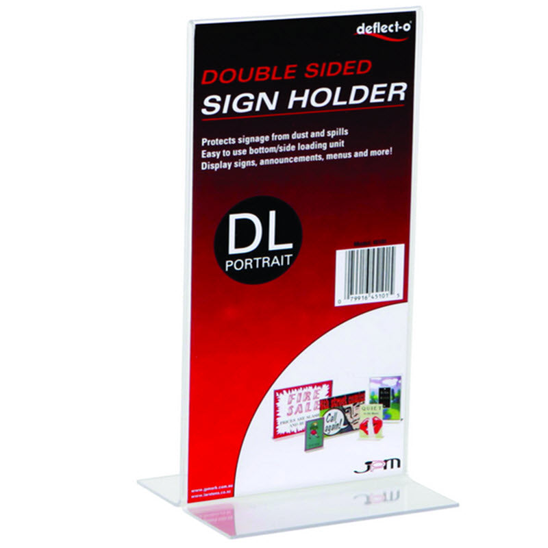 Acrylic DLE T Base upright display holder For double sided viewing DLE Sheet size 100 wide x 210mm high ( Trifold A4 ) Ideal menu stands / product information etc. Dimensions W x H x D 100 x 210 x 82