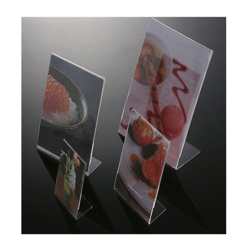 acrylic DLE, angled L Base display holder For single sided display Ideal Menu , Product ,Information , Services or Charges Used frequently on counter tops Sheet size 100mm wide x 210mm high ( Tri fold DLE) Dimensions W x H x D 100 x 210 x 70