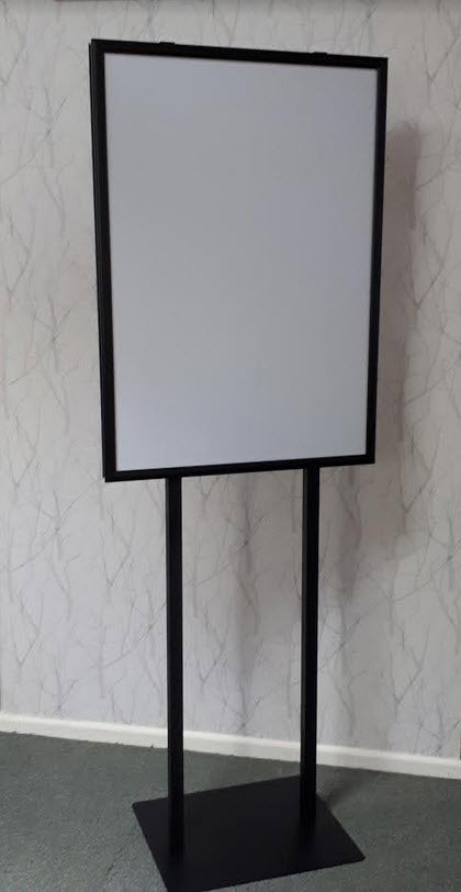 Double Sided Snap Frame Display Black A1 Poster Stand 2 x 25mm Profile Snap Frames Satin Black Takes Poster Size A1 Portrait format 594mm wide x 840mm high with visible area 585mm w x 835mm h Assembled height 1700mm to top of frame Snap Frames Supplied with non reflective Poster Cover Sheets Square 30mm Metal, uprights; powdercoated Satin Black