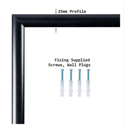 Premium Slimline Snap Frame Poster Holder A1 25mm Aluminum Frame To suit A1 poster sheet size 594mm x 840mm Colour Satin Black with mitre corners Clear PVC cover sheet to protect poster All 4 opening sides Can be used for landscape or Portrait displays