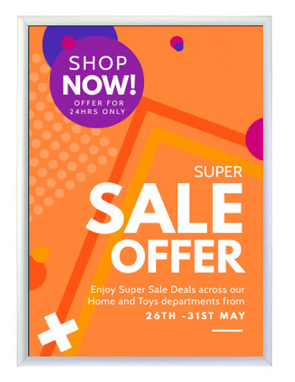 Premium silver Slimline Snap Frame Poster Holder A1 25mm Aluminum Frame To suit A1 poster sheet size 594mm x 840mm Colour Satin Silver with mitre corners Clear PVC cover sheet to protect poster All 4 opening sides Can be used for landscape or Portrait displays