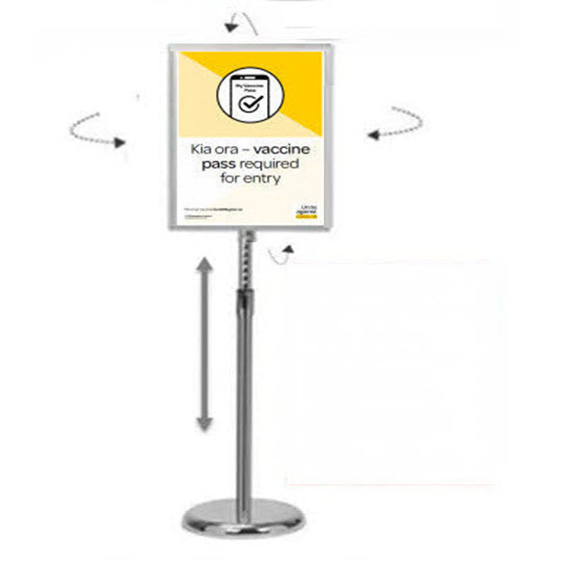 Adjustable Snap Frame Floor Stand A3 To suit A3 Size Displays, Landscape or Portrait Ideal uses- Conferences, Events, Route Indicator, Menu, and Information displays Powdercoated Silver Frame, 25mm Snap Frame Mitre corners, for A3 Size Displays Clear Non Reflective PVC Cover Sheet to Protect Display Poster. Chrome Pole With Height Adjuster 620-1075mm to Centre of Snap Frame, Chrome Spun Steel Base to Ensure Stability.