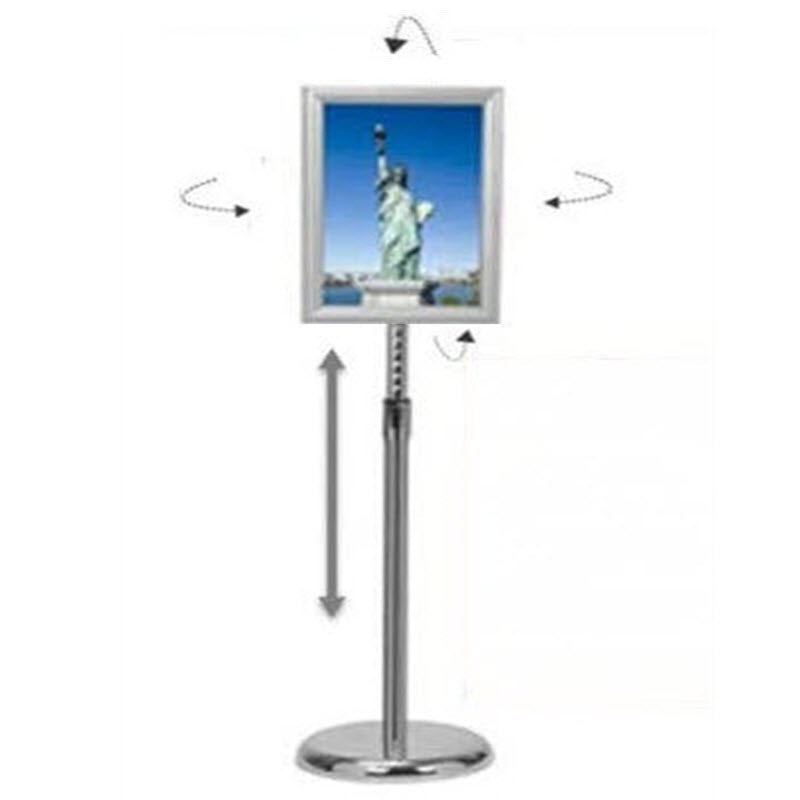 Adjustable Snap Frame Floor Stand A4 To suit A4 Size Displays, Landscape or Portrait Ideal uses- Conferences, Events, Route Indicator, Menu, and Information displays Powdercoated Silver Frame, 25mm Snap Frame Mitre corners, for A4 Size Displays Clear Non Reflective PVC Cover Sheet to Protect Display Poster. Chrome Pole With Height Adjuster 620-1075mm to Centre of Snap Frame, Chrome Spun Steel Base to Ensure Stability.