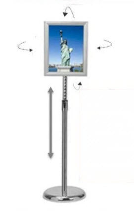 Adjustable Snap Frame Floor Stand A4 To suit A4 Size Displays, Landscape or Portrait Ideal uses- Conferences, Events, Route Indicator, Menu, and Information displays Powdercoated Silver Frame, 25mm Snap Frame Mitre corners, for A4 Size Displays Clear Non Reflective PVC Cover Sheet to Protect Display Poster. Chrome Pole With Height Adjuster 620-1075mm to Centre of Snap Frame, Chrome Spun Steel Base to Ensure Stability.