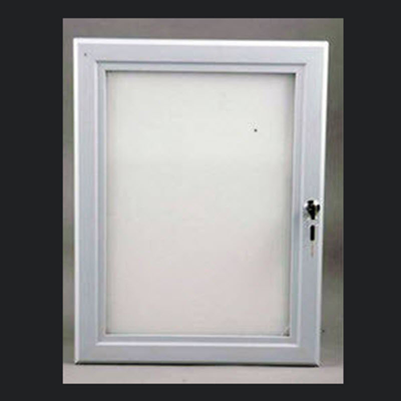 Weatherproof Outdoor Lockable Poster Frame A2 Size 493mm W x 670mm H , x 30mm Features 45mm wide aluminum extrusion Anodized Silver Polycarbonate front panel for durability Hinged opening with hold out stays Key lockable ( AO