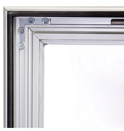 Weatherproof Outdoor Lockable Poster Frame A3 Size 370mm W x 490mm H , x 30mm Features 45mm wide aluminum extrusion Polycarbonate front panel for durability Hinged opening with hold out stays
