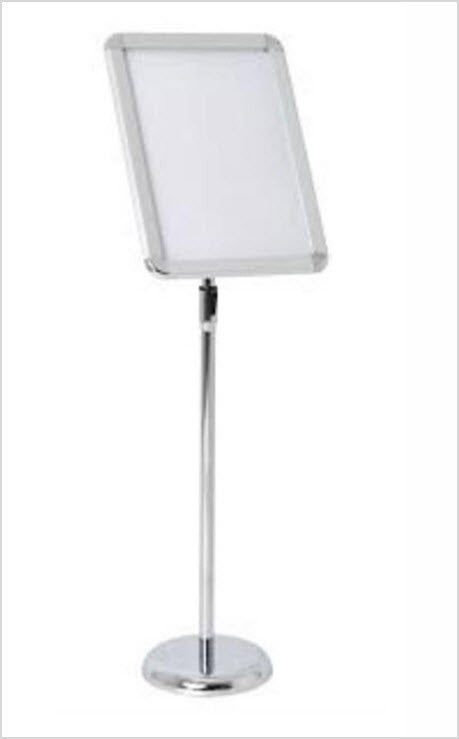 Snap Frame Floor Stand A3 To suit A3 Size Paper Displays 420mm x 297mm Clear PVC Protective Cover Sheet to Protect Display Poster. Rotates for both Portrait or Landscape format Displays Angle of Display Adjustable Round Chrome Base with Polished Telescopic Pole Pole Height Adjustable 710mm - 1240mm Wide Profile Radius A3 Aluminum Silver Snap Frame Opening all 4 Snap Frame Sides with Chrome Radius Corners to Display Frame Melamine Backing Pane