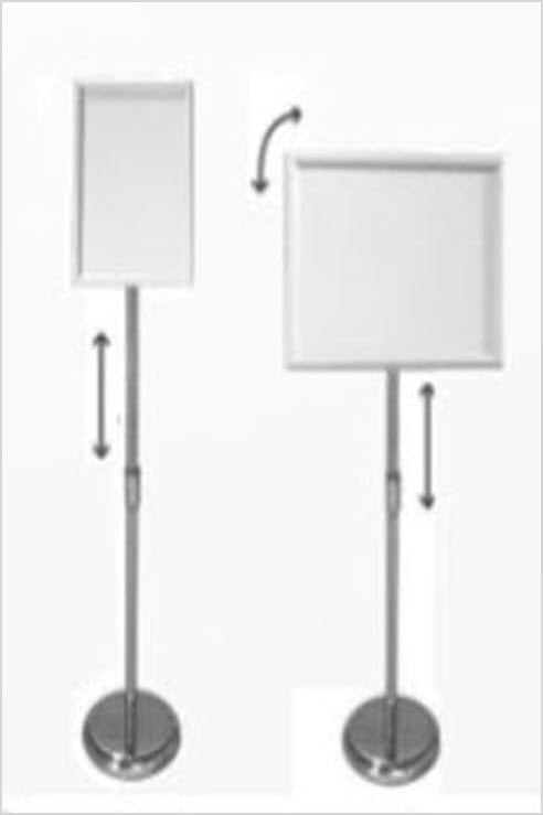 Adjustable Snap Frame Floor Stand A3 To suit A3 Size Displays, Landscape or Portrait Ideal uses- Conferences, Events, Route Indicator, Menu, and Information displays Powdercoated Silver Frame, 25mm Snap Frame Mitre corners, for A3 Size Displays Clear Non Reflective PVC Cover Sheet to Protect Display Poster. Chrome Pole With Height Adjuster 620-1075mm to Centre of Snap Frame, Chrome Spun Steel Base to Ensure Stability.