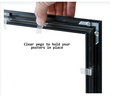 Outdoor Lockable Poster Frame AO Colour -Anodized Black Features 45mm Wide Aluminum Extrusion Rubber Gasket Seals Poly carbonate Front Panel for Durability Rear panel Core flute Waterproof. AO Size Poster Easily Changed With Retaining Clips Supplied Hinged Opening with hold out stays Key lockable ( AO and A1 have 2 locks )