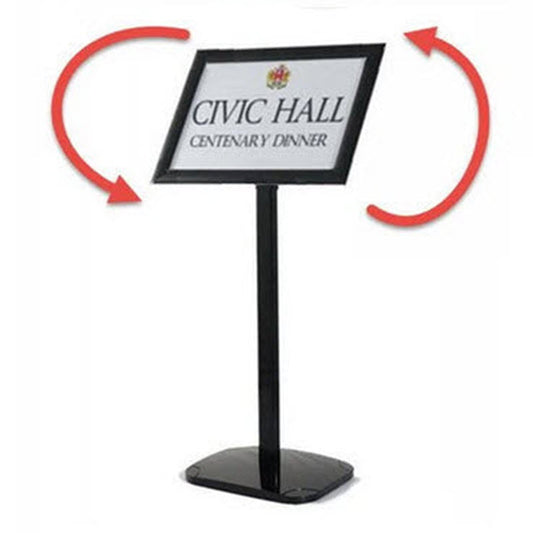 Adjustable Landscape / Portrait display A3 Display  920mm height to centre of display frame  34mm Wide Profile Anodized Black Snap Frame  Snap Frame design enables displays to be protected, and easily changed.  Black anodized pole and  ABS Moulded Base with enclosed steel weight.  Ideal uses- Conferences, Events, Route Indicator, Menu, and Information displays  34mm Snap Frame Mitre corners, for A3 Size Displays