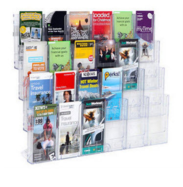 16 x DLE holders 4 units wide x 4 x rows of holders highDLE Single Brochure Holder Dimensions : 110 x 202 x 32 Manufactured from crystal clear polycarbonate