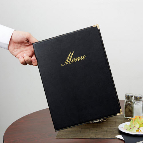 This timeless black menu holder provides four 8 1/2" x 11" viewing surfaces within its sleek, sophisticated design. It's ideal for a variety of upscale settings, from trendy, intimate cafes and lounges to upscale, fine-dining establishments and hotels. To further accent its appearance, this holder is embellished with simple gold corners, as well as eye-catching, gold-stamped lettering imprinted on its cover.