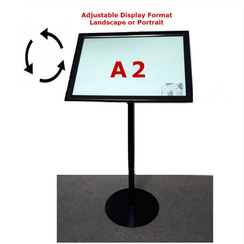Restaurant Menu Stand / Commercial Poster Display stand. Designed by us to meet Client Requests, Components NZ Manufactured. Features A2 Landscape or Portrait format Waterproof Wide Profile Black Snap Frame, Front Opening 4 Sides for Easy Media Changes