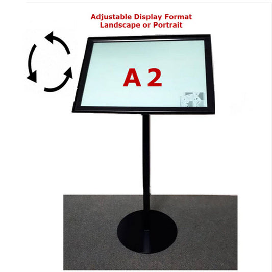 Restaurant Menu Stand / Commercial Poster Display stand.  Designed by us to meet Client Requests, Components NZ Manufactured.  Features A2 Landscape or Portrait  format Waterproof Wide Profile Black Snap Frame,  Front Opening 4 Sides for Easy Media Changes