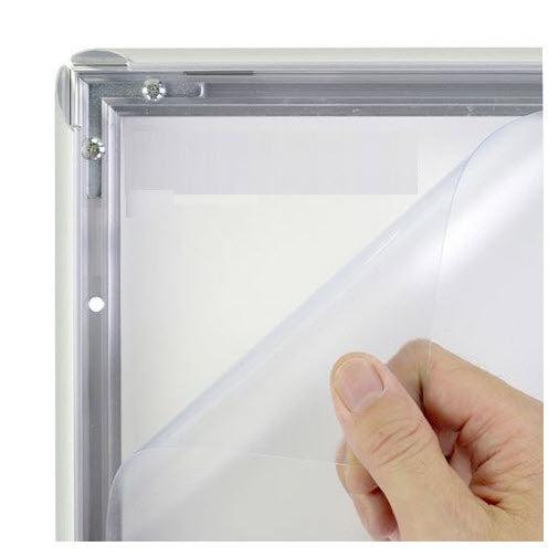 Silver Slimline Snap Frame Poster Holder A2 25mm Aluminum Frame To suit A2 poster sheet size 420mm x 594mm Colour Satin Silver with mitre corners Clear PVC cover sheet to protect poster All 4 opening sides Can be used for landscape or Portrait displays