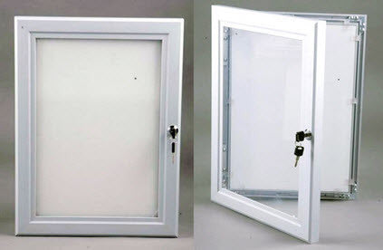 Weatherproof Outdoor Lockable Poster Frame A3 Features 45mm wide aluminum extrusion Anodized Silver Polycarbonate front panel for durability Hinged opening with hold out stays Key lockable ( AO