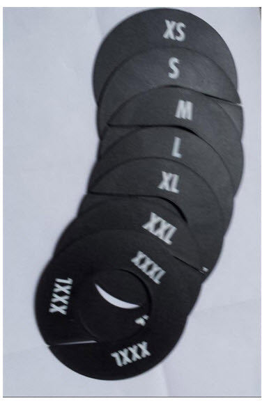 Pack of 7 Black Round Rack Dividers White lettering to both sides Sizes XS, S, M ,L ,XL,XXL,XXXL Supplied pack contains 1 of each size. 88mm Diameter with 40mm Centre.