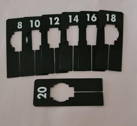 Pack of 7 BLACK Rectangular Rack Dividers White lettering printed to both sides Sizes 8, 10, 12, 14, 16, 18, 20 Supplied pack contains 1 of each size. 50mm x 125mm with 40mm Centre. The dividers are able to be opened to allow them to clip onto a display rail.