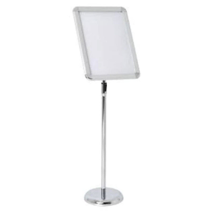 Premium Snap Frame Floor Stand A3 To suit A3 Size Paper Displays 420mm x 297mm Clear PVC Protective Cover Sheet to Protect Display Poster. Rotates for both Portrait or Landscape format Displays Angle of Display Adjustable Round Chrome Base with Polished Telescopic Pole Pole Height Adjustable 710mm - 1240mm Wide Profile Radius A3 Aluminum Silver Snap Frame Opening all 4 Snap Frame Sides with Chrome Radius Corners to Display Frame Melamine Backing Pane