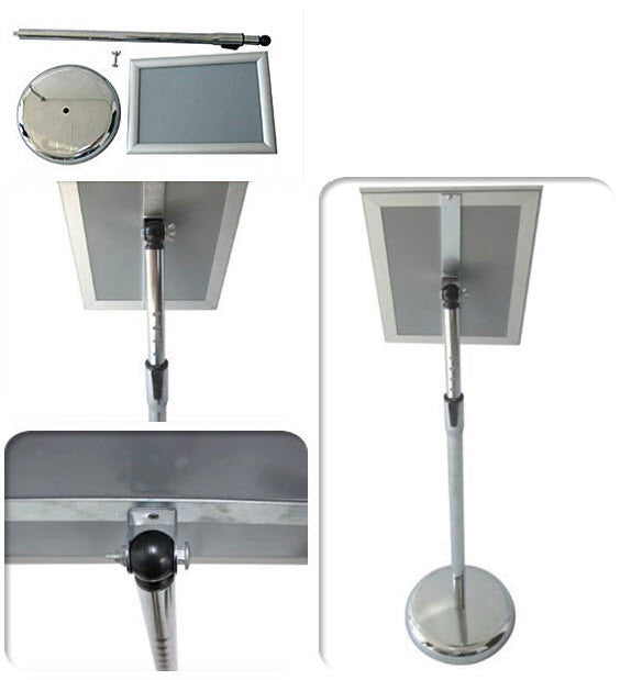 Adjustable Snap Frame Floor Stand A4 To suit A4 Size Displays, Landscape or Portrait Ideal uses- Conferences, Events, Route Indicator, Menu, and Information displays Powdercoated Silver Frame, 25mm Snap Frame Mitre corners, for A4 Size Displays Clear Non Reflective PVC Cover Sheet to Protect Display Poster. Chrome Pole With Height Adjuster 620-1075mm to Centre of Snap Frame, Chrome Spun Steel Base to Ensure Stability.