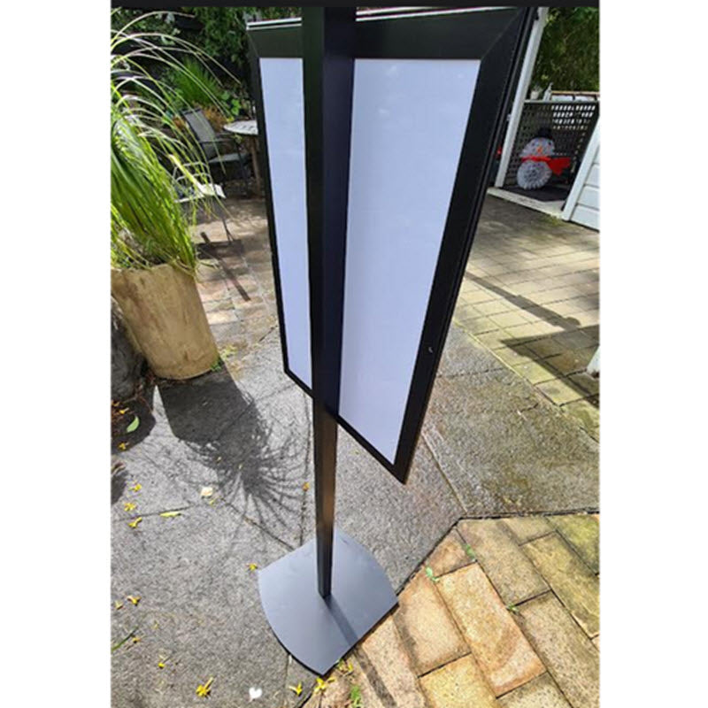Upright Sign Holder Fixed Portrait A3 display Single Sided with option of Double sided unit Landscape Format Display unit also available - ideal uses- Conferences, Events, Information Displays Economical, Stable and Robust Display Holder For Interior / Shelter Fixed Height -1200mm to top of A3 Black 25mm Black Snap frame Snap Frame design enables displays to be protected, and easily changed. 25mm Snap Frame Mitre corners, for A3 Sheet Size 420mm x 297mm