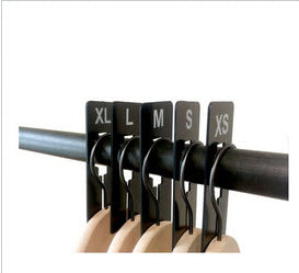 Pack of 7 BLACK Rectangular Rack Dividers White lettering printed to both sides Sizes 8, 10, 12, 14, 16, 18, 20 Supplied pack contains 1 of each size. 50mm x 125mm with 40mm Centre. The dividers are able to be opened to allow them to clip onto a display rail.