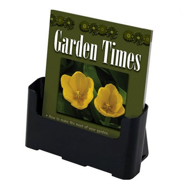 Manufactured using 60% recycled plastic The holder is mostly made from recycled materials so you can feel positive about your impact on the environment. Perfect for Receptions, Information Kiosks, & Retail Stores Ideal for showcasing multiple copies of information, product / service flyers Orientation: Portrait Size: A4 Freestanding and Wall mounting Dimensions : 235mm(w) x 191mm(h) x 95mm(d) Colour: Black