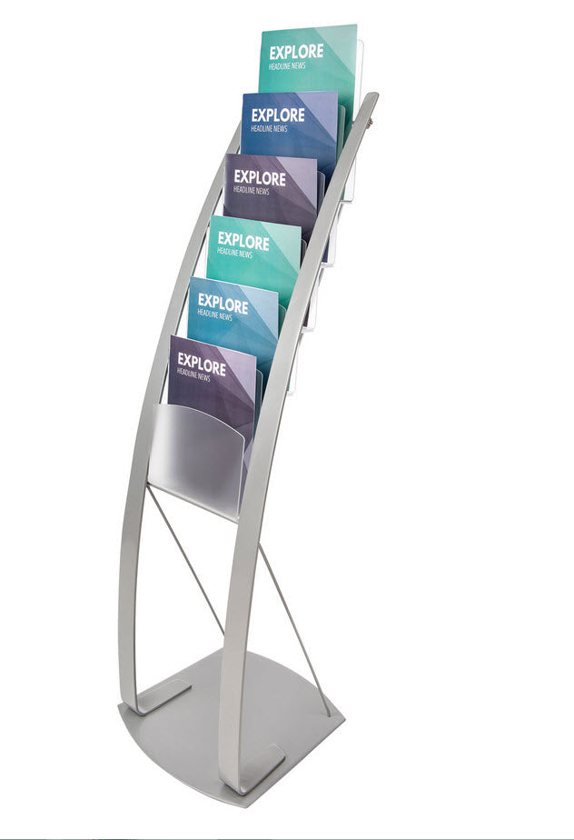Curved Contemporary Display Stand, Stylish and Elegant Curved Pole Design, Silver Gloss finish Powdercoated Steel, 6 x Holders made from frosted acrylic each 240mm W x 270mm H x 38mm D Stand Dimensions assembled 320mm W x 1290mm H - Base: 375mm W at the front x 335mm at the back x 380mm D,