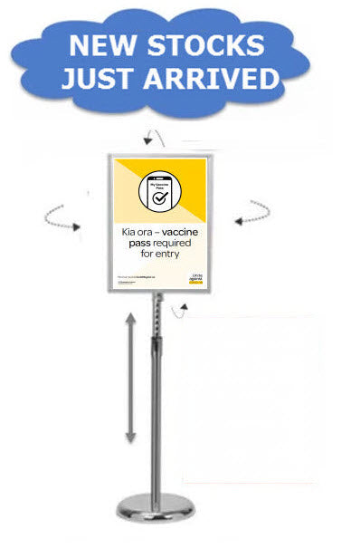 Adjustable Snap Frame Floor Stand A3 To suit A3 Size Displays, Landscape or Portrait Ideal uses- Conferences, Events, Route Indicator, Menu, and Information displays Powdercoated Silver Frame, 25mm Snap Frame Mitre corners, for A3 Size Displays Clear Non Reflective PVC Cover Sheet to Protect Display Poster. Chrome Pole With Height Adjuster 620-1075mm to Centre of Snap Frame, Chrome Spun Steel Base to Ensure Stability.