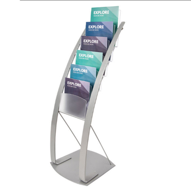 Curved Contemporary Display Stand, Stylish and Elegant Curved Pole Design, Silver Gloss finish Powdercoated Steel, 6 x Holders made from frosted acrylic each 240mm W x 270mm H x 38mm D Stand Dimensions assembled 320mm W x 1290mm H - Base: 375mm W at the front x 335mm at the back x 380mm D,