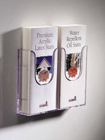 Slatwall mounted brochure holder DLE leaflets and Tri Fold Flyers Single Tier Clear Polycarbonate Supplied with supergrip slatwall adaptor Dimensions W x H x D (mm) 111 x 165 x43 Units can be side linked to form multiple display