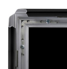 Black Snap Frame Poster Holder A4 25mm Aluminum Frame To suit A4 Poster sheet size 297mm x 210mm Colour Satin Black with mitre corners Clear PVC cover sheet to protect poster All 4 opening sides Can be used for landscape or Portrait displays