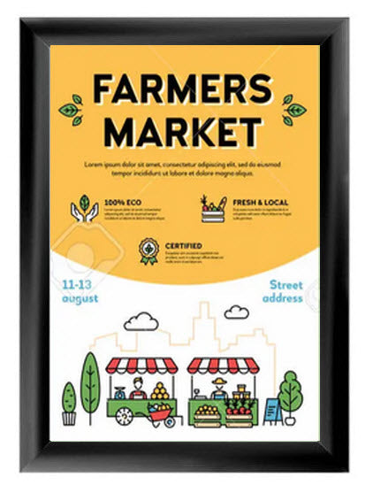 Black Snap Frame Poster Holder A4 25mm Aluminum Frame To suit A4 Poster sheet size 297mm x 210mm Colour Satin Black with mitre corners Clear PVC cover sheet to protect poster All 4 opening sides Can be used for landscape or Portrait displays