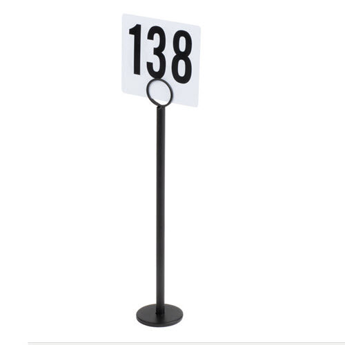 Powdercoated Black Steel With this simple menu / card holder, It features a sleek and stylish look that is sure to complement any decor, while being durable enough to stand up to even fast-paced restaurants. Height 6 Inches Base Diameter 2 1/2 Inches