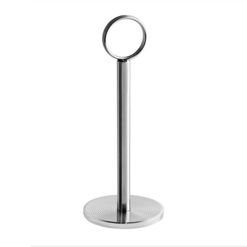 This simple and convenient 6" stainless steel menu / card holder is the best way to showcase your specials out in the open. This piece features a ring top to attractively display information right on your tabletop.