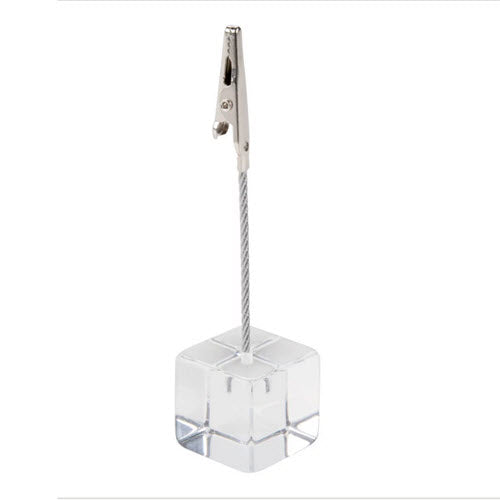 This simple and convenient 4" high  card holder on a Crystal Clear Acrylic Base allows you to showcase your specials out in the Counter Cabinet or hold table number cards  This piece features a Alligator clip top to attractively display information right on your tabletop, or counter display cabinet..  The weighted base stabilizes the holde