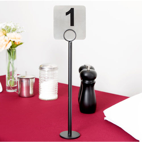 Powdercoated Black Steel With this simple menu / card holder, durable enough to stand up to even fast-paced restaurants. Height 6 Inches Base Diameter 2 1/2 Inches