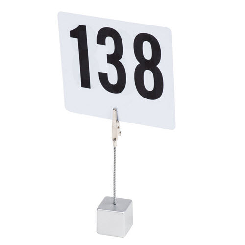 This simple and convenient 4" high  card holder on a Crystal Clear Acrylic Base allows you to showcase your specials out in the Counter Cabinet or hold table number cards  This piece features a Alligator clip top to attractively display information right on your tabletop, or counter display cabinet..  The weighted base stabilizes the holde