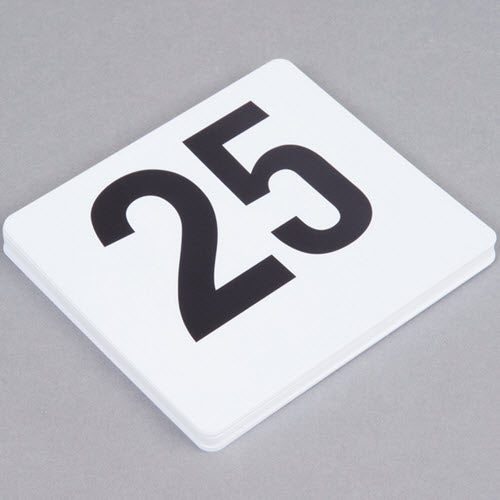 1 to 25 Table Number set Keep your tables easily identifiable with this set of white plastic number cards! This set includes cards for tables 1 through 25, with bold black numbering on both sides of each card.