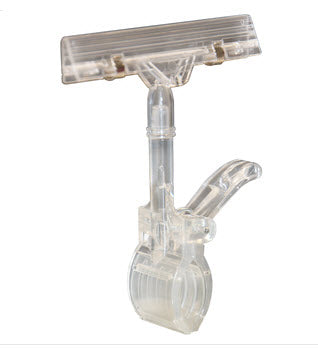 Sprung Clear poly carbonate Ticket Clamp with sprung top clip to hold signage display Supplied complete with 1mm PETG folded A6 clear ticket sleeve. Sprung Base clamp opens to 40mm with silicone inner to grip rails etc. Rotating head allows to display to best positioning Top sprung ticket clamp 100mm wide to securely hold the sleeve Supplied A6 display folded PETG sleeve 100mm w x 150mm h