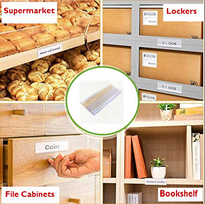Pack of 25 x Quantity, 80mm x 26mm Clear Label Holders Flat Clear PVC Ticket Strip Self Adhesive Ticket / Label Holders Affix to Shelf Edge, or to Flat Face of Cupboards/ Lockers etc. Forms a Protective Ticket Display Holder 80mm wide to hold paper 26mm high Can be used to holder higher tickets standing upright Paper Ticket / Display easily inserted and changed as required.