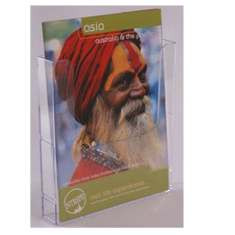 Acrylic A4, Wall mounting, Brochure & Leaflet Holder An extremely versatile flat backed brochure holder that can be used individually, Or can be linked together with any size in the range to make an attractive wall display. Each unit is supplied with pre-drilled holes but can also be mounted using double sided tape, Velcro, Slatwall Mounted Version also available - see Alternative Listed Product Dimensions 225 w x 250 h x 43.d