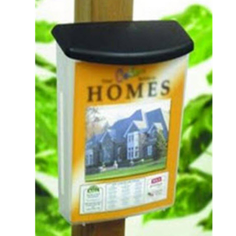 Outdoor wall mounted brochure holder - clear with black lid for A4 Portrait leaflets Ideal for real estate information, sales flyers, tourist brochures etc Durable and weatherproof Can be attached to a wall, post or sign Dimensions W x H x D 260 x 330x 110