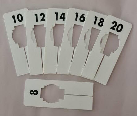 Pack of 7 Black Round Rack Dividers White lettering to both sides Sizes XS, S, M ,L ,XL,XXL,XXXL Supplied pack contains 1 of each size. 88mm Diameter with 40mm Centre.