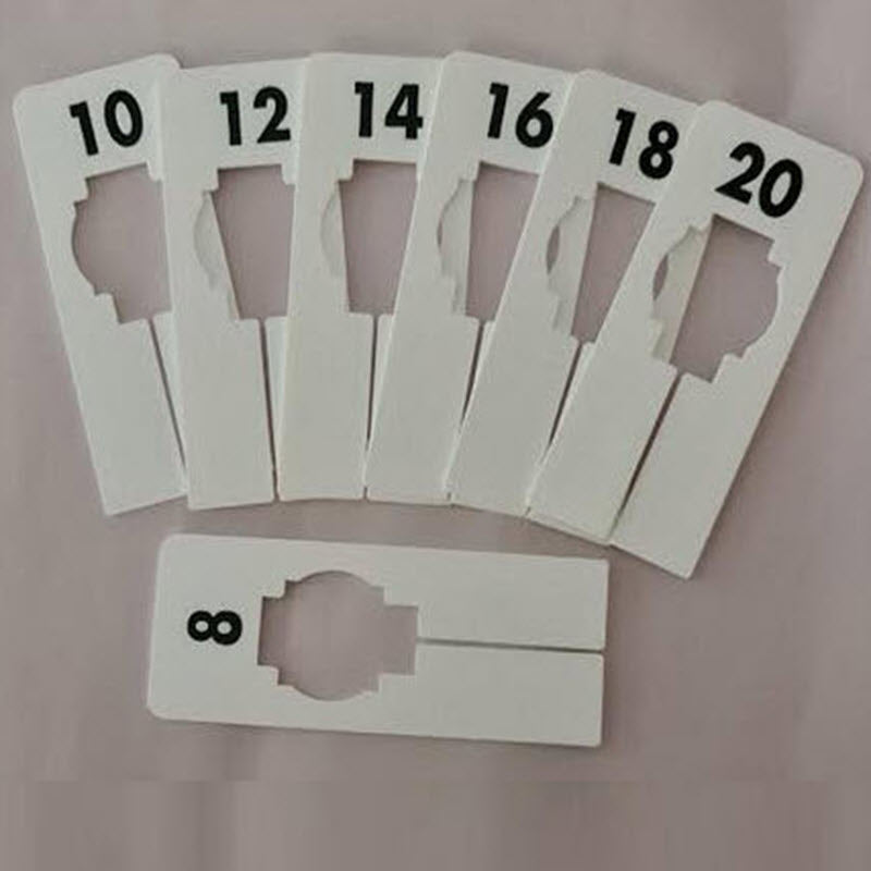 Pack of 7 Black Round Rack Dividers White lettering to both sides Sizes XS, S, M ,L ,XL,XXL,XXXL Supplied pack contains 1 of each size. 88mm Diameter with 40mm Centre.