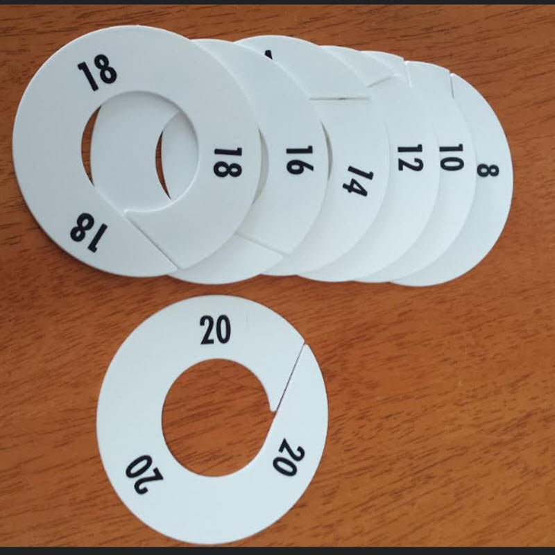 Rack Dividers White Round Sizes 8-20 Set of 7 Printed Black lettering to both sides Durable Plastic 88mm Diameter with 40mm Centre.