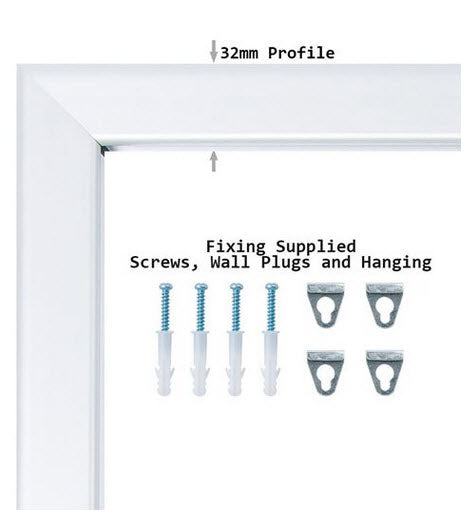 Silver Wide Profile Snap Frame Poster Holder Size AO To suit poster size AO 1188mm x 840mm 32mm Aluminum Extruded Frame Colour Satin Silver with mitre corners Frame overall size 1232 x 893 x 17 mm Clear cover sheet to protect poster All 4 opening sides Can be used for landscape or Portrait displays