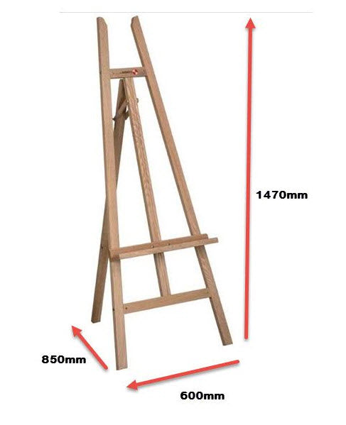 Wooden display Easel, Assembled Size 1470mm high x 600mm wide x 850 deep. Collapses flat for easy Storage when not in use The Lower Display holding bar can be adjusted to achieve the required display height Constructed from Varnished Hardwood, Suitable for interior use Ideal for display A2, A1 or AO size Framed Poster Displays or Chalkboards