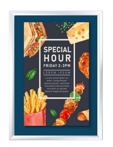 Waterproof Silver Snap Frame Poster Holder A3 Wall Mounted 35mm Aluminum Frame Colour Satin Silver with mitre corners ;Clear 0.5mm Polycarbonate cover sheet to protect poster All 4 opening sides Waterproof rubber gasket to protect poster